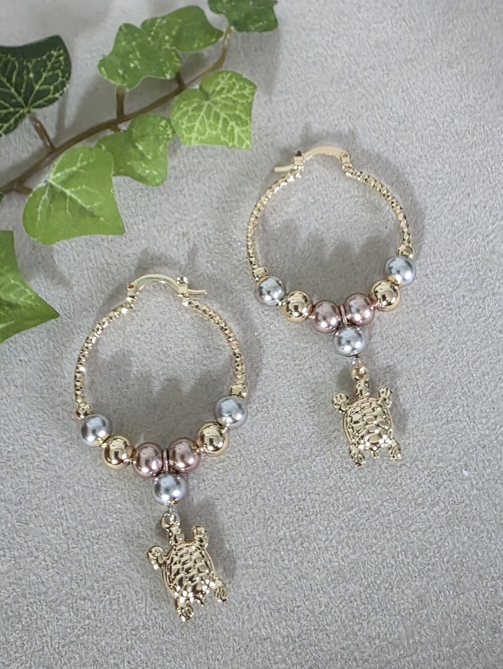 Gold Filled Diamond Cut Hoop Earrings with Tri Color Beads & Turtle Charm 1 1/4"